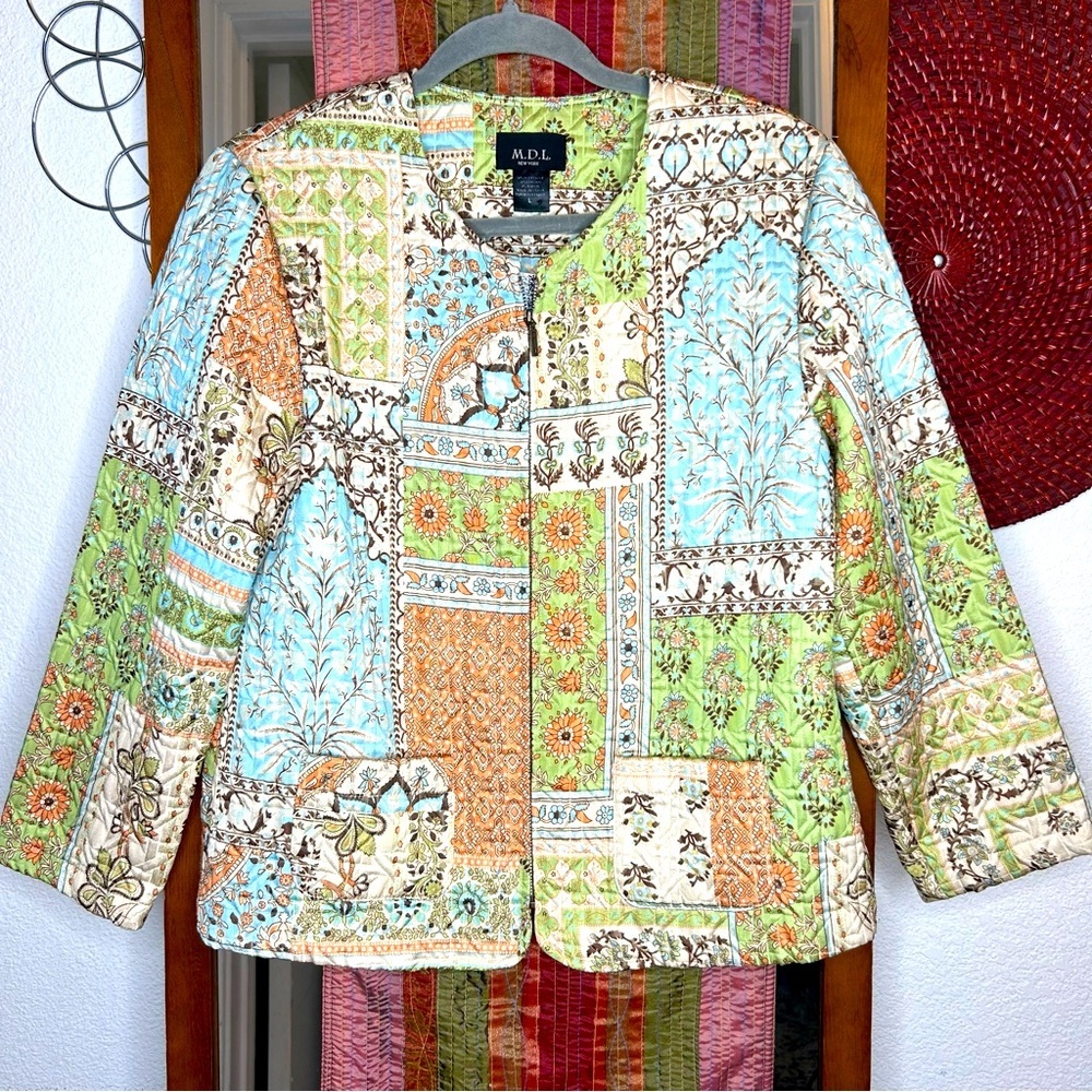 M. D. L. New York Multicolor Patchwork Quilted Like Zipper Jacket size Large